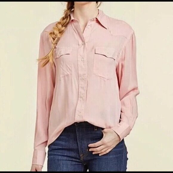Frye Addie Westor Light Pink Button Up Blouse Collared Pockets Size S - Picture 1 of 10